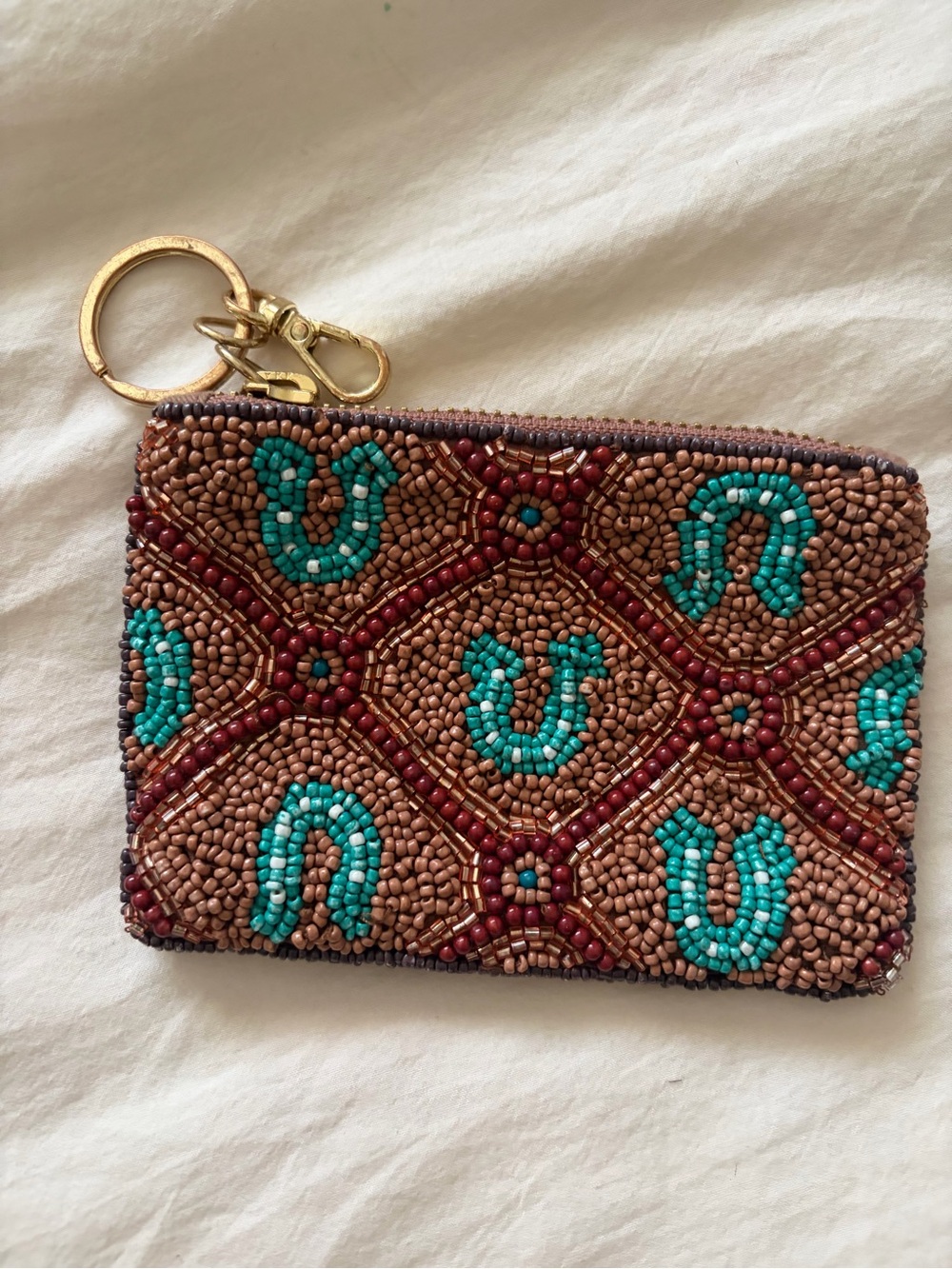 Beaded Zip Key Pouch in Brown and Turquoise